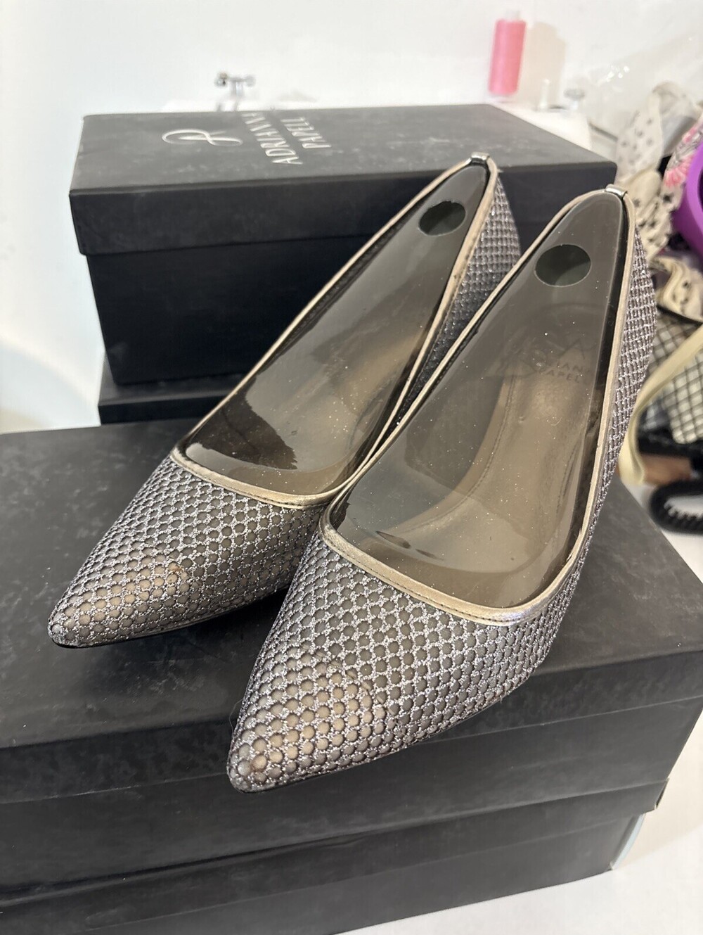 Adrianna Papell Silver Mesh Pointed-Toe Pumps